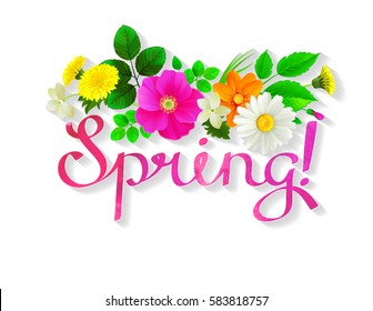 Primavera con letras rosas. La decoración es de estilo rústico, con un ramo de leones amarillos, una camomila, rosas silvestres rosas, jazmín y hojas verdes frescas.