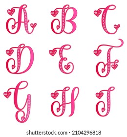 Letras y alfabetos rosas. Caracteres ABC en mayúsculas. Románticas letras de gradiente rosado para el día de San Valentín. Vector de piedras preciosas y patrones de brillo del corazón. Abcdefghi set. Usar para el texto de sentimientos románticos de amor.