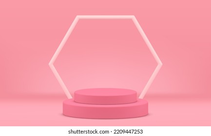 Pink level podium 3d pedestal arena präsentiert sechseckige Rahmen für die Produktpräsentation realistische Vektorgrafik. Geometrisches Modewerbeelement der Podium-Bühne