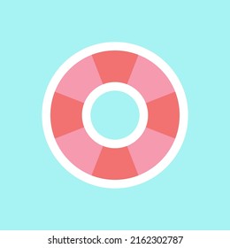 Pink life buoy on a blue background. Summer sticker illustration in cartoon style