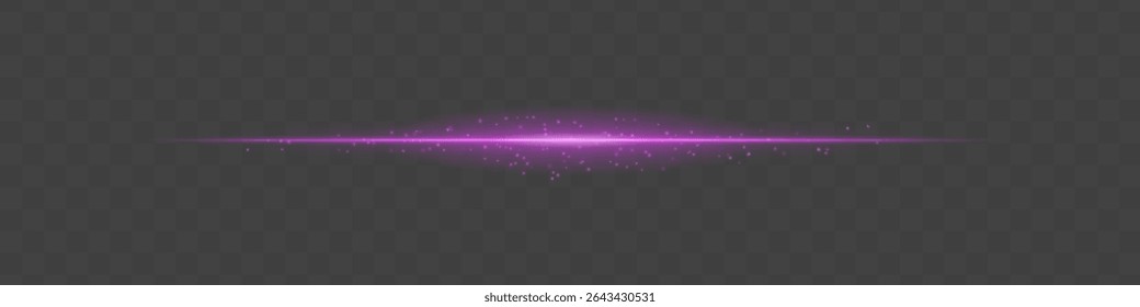 Rosa Lichtstrahl mit funkelnden Staubpartikeln auf transparentem Hintergrund. Strahlende horizontale Flamme ruft Magie, Luxus und filmisches Glühen hervor, ideal für Fantasy-Szenen oder festliche Übergänge.