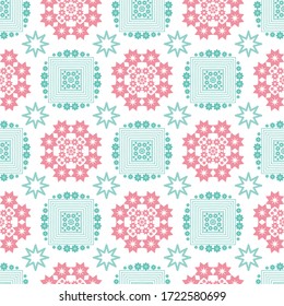 Pink and light blue color mandala seamless pattern for wallpaper, wrapping and textile. Colorful motif repeat fabric on white background for bedsheet cover.