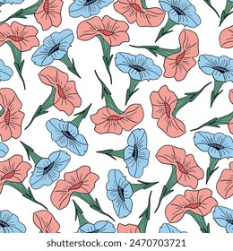 Pink and light blue flat design seamless pattern petunia