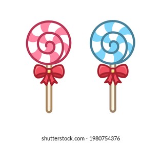 Pink and light blue lollipop with red ribbon bow vector clip art set. Simple cute flat illustration design.