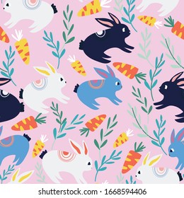 Pink with light blue and white Easter bunnies and bright flowers seamless pattern background design.