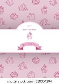 pink and light pink  brochure  folder background design with school handwriting label , ribbon and cream muffin cupcake icon in modern an simple style