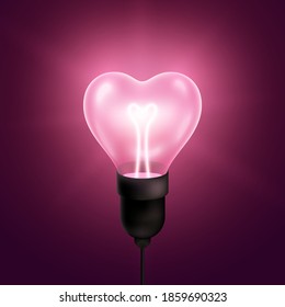 Pink light bulb heart shaped with wire and filament. Vector illustration. Happy Valentines day technology poster with realistic glowing lamp.