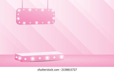 pink light bulb podium display with hanging sign 3d illustration vector for putting your obect