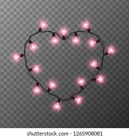 Pink light bulbs in heart shaped frame on transparent background. Holiday illumination made of garland wire for Happy Saint Valentine's day