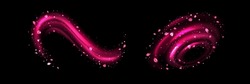 Pink Light Circular Neon Elements With Swoosh Effect And Flower Petals. Realistic Vector Illustration Set Of Glowing Swirl Circle Lines With Flying Leaves And Sparkles. Magic Luminous Wave Wind.