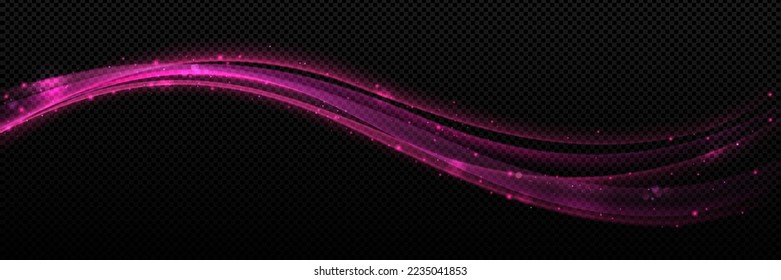 Pink light effect curve line png isolated on transparent background. Realistic vector illustration of neon color swirl glowing, shimmering with multiple glitter sparkles in darkness. Magic star dust