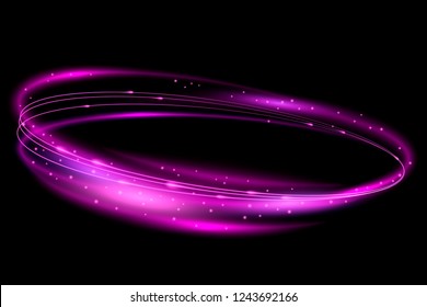 Pink light effect. Rotating luminous ellipses with sparks. Vector motion element