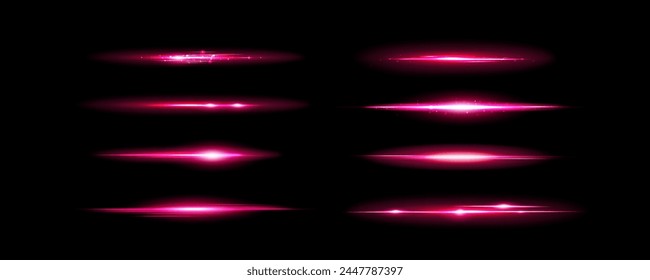 Pink light flare effect with magic lens sparkle shine. Flash glare glow with glitter on neon line vector. Abstract bright beam divider collection. Festive and glamour magenta border overlay asset