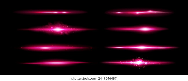 Pink light flare effect with magic lens sparkle shine. Flash glare glow with glitter on neon line vector. Abstract bright beam divider collection. Festive and glamour magenta border overlay asset