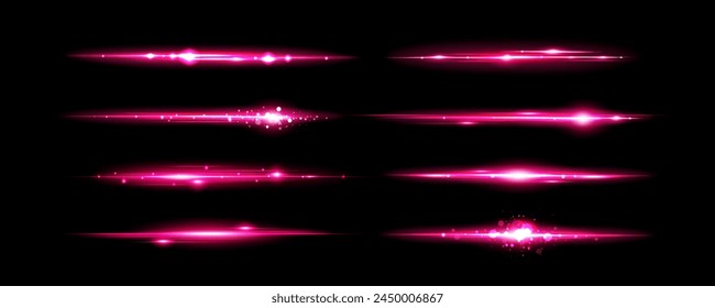 Pink light flare effect with magic lens sparkle shine. Flash glare glow with glitter on neon line vector. Abstract bright beam divider collection. Festive and glamour magenta border overlay asset