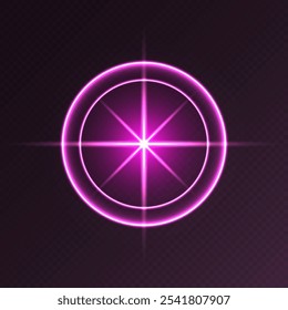Pink light flare, glowing shiny sparkle, lens flare effect, bright glimmering glare. Vector illustration.