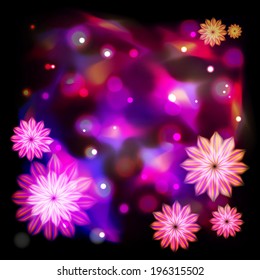 Pink light flowers vector on black background.