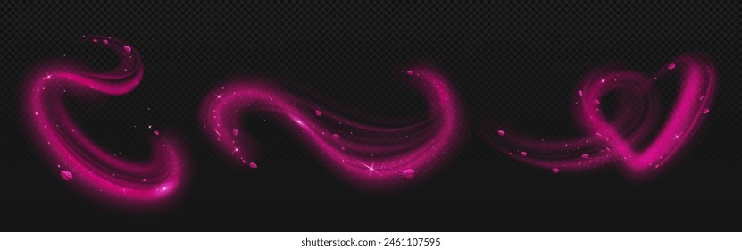 Pink light fragrance wave with flower petal effect. Air fly floral blossom magic swoosh. Neon spring cherry vortex with spiral glitter perfume swirl. Japanese sakura dust falling illustration