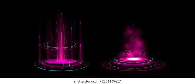 Pink light hologram effect game circle glow portal. Magic scifi vr podium for teleport with neon fantasy frame. 3d hud cyber futuristic laser virtual pedestal with glitter, energy beam and smoke.