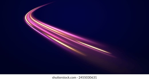 pink light lines with speed motion blur effect on dark blue background. High-speed light trails effect. Futuristic dynamic motion technology. Big data traffic visualization.	

