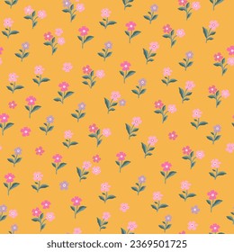 Pink, light pink and purple flowers on an orange background. Seamless pattern.