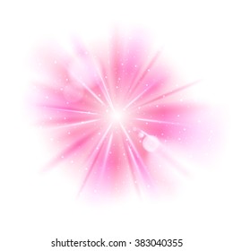 Pink light sunburst background. Vector star burst glow shine with sparkles  illustration.