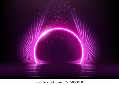 Alas claras rosas con un fondo negro brillante. Líneas de bengala brillante de neón violeta brillando en la ilustración vectorial. Anillo morado brillante con reflejo de espejo sobre el agua. Efectos de flujo de movimiento con desenfoque.