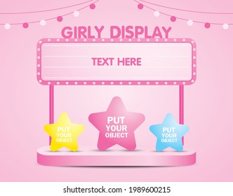 Pink lightbulb signage for putting your text with display step 3d illustration vector for putting your object on sweet pastel pink background