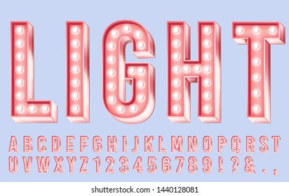 Pink lighting font. Alphabet letters with bulbs, retro numbers and bright bulb lights in letter. Club font abs and number, glowing movie, bar advertising lettering. 3d vector illustration symbols set