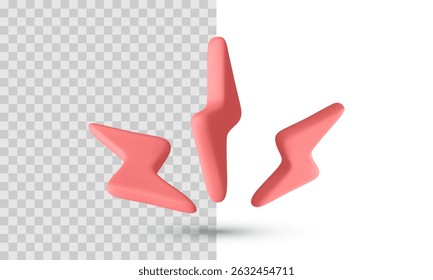 Formas Rosas Del Perno Del Relámpago En Estilo Mínimo 3D, Símbolo De Poder De La Energía Para La Electricidad, La Velocidad, O Los Conceptos De La Alerta. Elemento de diseño brillante aislado. Ilustración vectorial.