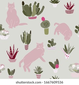 Pink lilac cats and cacti in pots on a cream grey background. Seamless pattern with domestic plants and pets. Hand-drawn vector illustration.