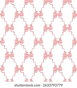 Pink, lilac coquette ribbon bow trellis checkered seamless pattern Damask Print. Rhombus Background