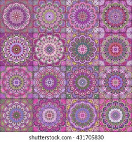 Pink lilac green patchwork seamless pattern. Boho chic fabric. Colorful square tiles. Ethnic flower ornament print for wallpaper. Unusual oriental design elements. Vector textured mandala background. 