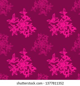 Pink And Lilac Hand Drawn Flowers Seamless Pattern On Purple Background For Fabric, Cloth, Textile, Print, Material, Wallpaper, Backsplash Or Wrapping Paper. Floral Backdrop Vector Illustration