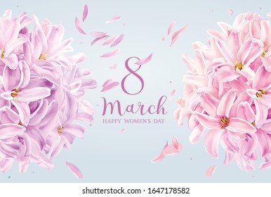 Pink and lilac Hyacinth flowers with flying petals greeting card for 8 March. Floral vector arrangement in watercolor style with lettering design