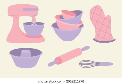 Pink and lilac kitchen utensils set. Food mixer, bowls, cooking glove, cake pan, rolling pin and egg beater
