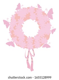 Flor de flores y corazones con arco de cintas y mariposas rosas aisladas sobre fondo blanco.