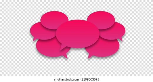 Pink or lilac pile speech bubbles with shadow on transparent background. The concept of communication of people in society. Vector illustration. Message, conversation, correspondence. Think about.