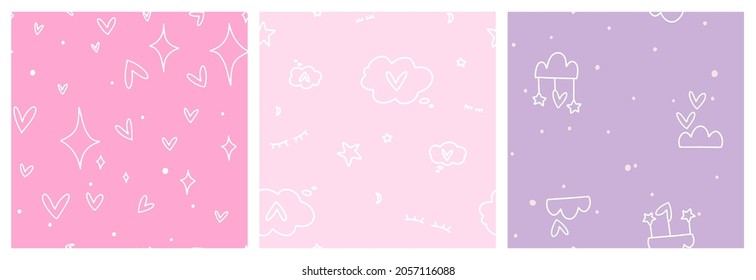 Pink and lilac seamless pattern for the girl. SImple hand-drawn vector design with hearts, stars and clouds, symbolizyng dreams and nap time.