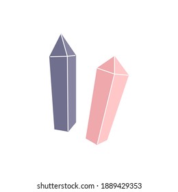 Pink and lilac simple crystals on a white background. Magic, witchcraft, jewelry, treasures. Hand drawn vector isolated single illustration.