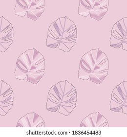 Pink and lilac tones monstera leaf elements seamless pattern. Doodle floral elements. Nature print in pastel tones. Great for fabric design, textile print, wrapping, cover. Vector illustration.