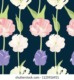 Pink and lilac tulips Seamless pattern Dark background