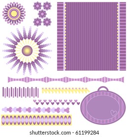 Pink, lilac and yellow vector ornaments, tag, trims and background