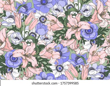 Pink lilies and blue anemones, seamless vector illustration