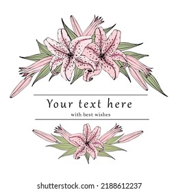 Pink lilies, elegant text frame, flower wreath. Decorative element on a white background is suitable for the design of postcards, wedding invitations, printing and design. EPS 10