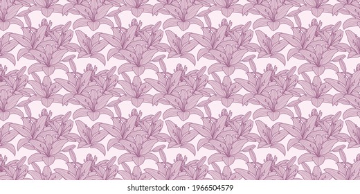 Pink lilies, floral seamless repeat pattern vector background, repeating wallpaper.