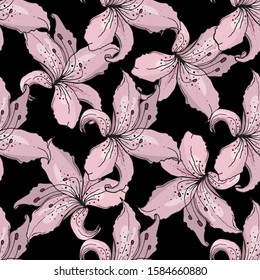 Pink lilies on black background. Seamless pattern. Endless texture. 