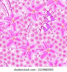 pink lily floral pattern. lilac flowers in the summer spring garden. good for fabric, textile, dress, fashion, etc.