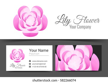 Pink Lily Flower Beautiful Beauty Corporate Logo and Business Card Sign Template. Creative Design with Colorful Logotype Visual Identity Composition Made of Multicolored Element. Vector Illustration.