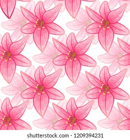 pink lily flower on white background seamless pattern . repeatable  tender beautiful botanique ornament. vector